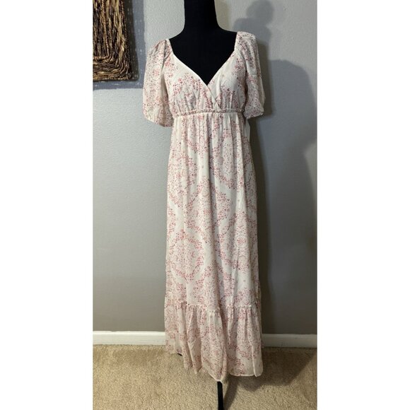 Spring & Mercer XS Blush Pink Chiffon Midi Prairie Dress Short Sleeve NEW - Picture 2 of 16